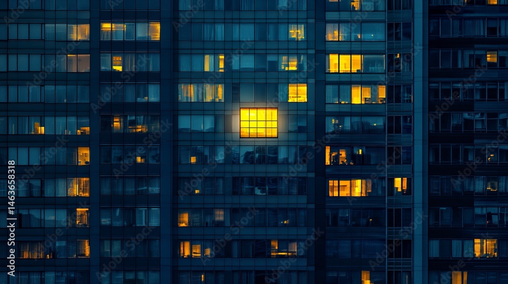A modern high-rise with countless darkened windows, a single yellow light gleaming warmly, drawing the viewer's eye A modern high-rise with countless darkened windows, a single yellow light gleaming warmly, drawing the viewer's eye