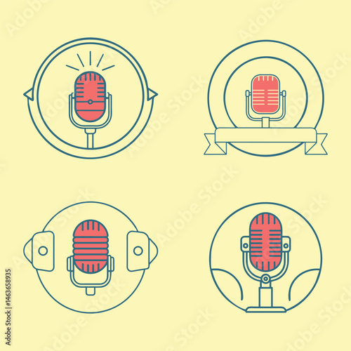 Minimal Podcast Microphone Icons Set Line Art.
