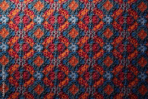 Repeating geometric textile, intricate woven pattern, elegant, illustration, multicolored