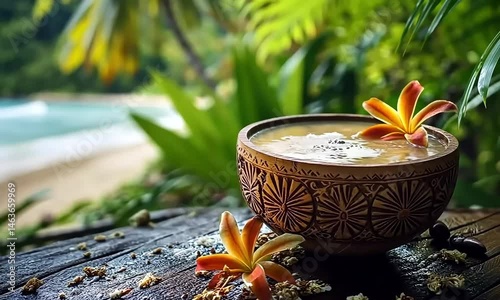 Authentic Samoan Kava Drink Served in a Hand-Carved Wooden Bowl, Surrounded by a Natural Island Setting