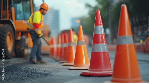 Construction Worker and Traffic Cones on Road