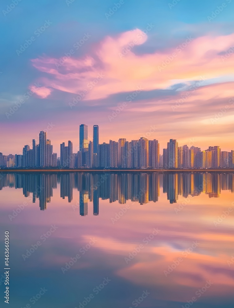 Fototapeta premium City Skyline Reflected in Water at Sunset