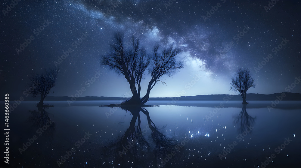 Celestial Symphony: A Lake's Reflection of the Star-Studded Milky Way in Tranquil Harmony