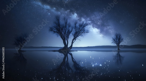 Obraz na płótnie Celestial Symphony: A Lake's Reflection of the Star-Studded Milky Way in Tranquil Harmony w salonie