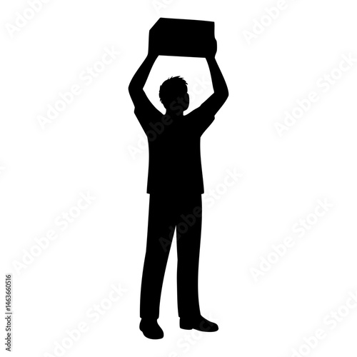 Silhouette of man lifting box over head