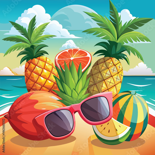 Vibrant tropical fruit assortment with pink sunglasses on a sunny summer beach vacation.