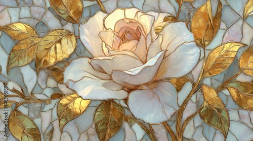 Elegant Stained Glass White Rose with Gold Accents on Pastel Background as Luxury Wallpaper Illustration