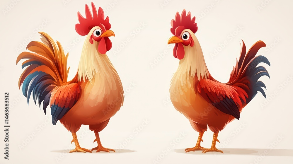 Fototapeta premium Charming Cartoon Roosters in a Warm, Earthy Palette on Subtle Backdrop