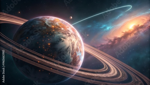 Orbital rings around a digital planet, showcasing a futuristic space scene, perfect for sci-fi, space exploration visuals, and digital art concepts