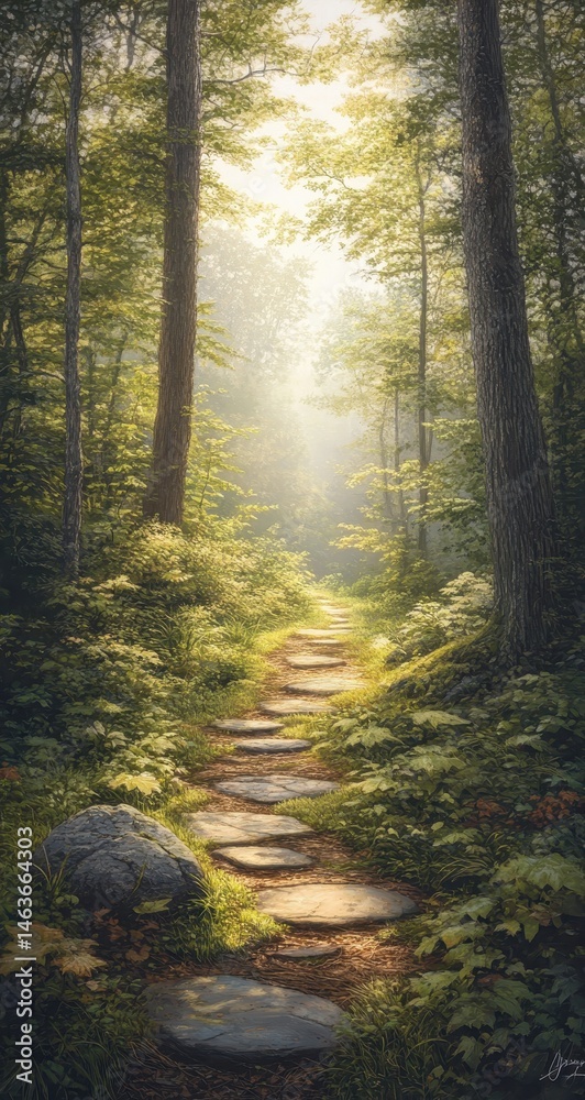 Obraz premium Sunlit path winding through a lush, misty forest Sunlight streams through the trees, illuminating a stone pathway Lush greenery and ferns surround the path