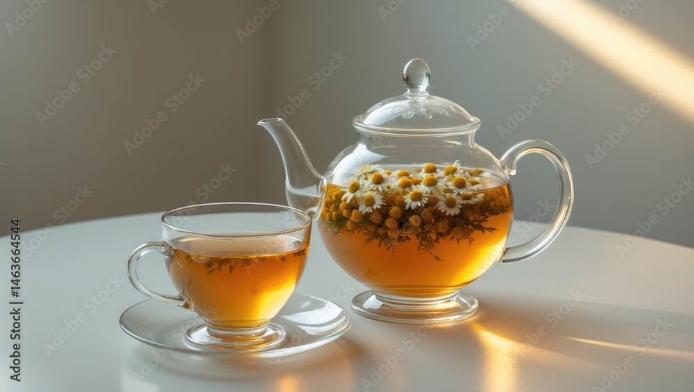 Natural chrysanthemum and chamomile herbal beverage in a glass pot and cup on a clean white table Natural chrysanthemum and chamomile herbal beverage in a glass pot and cup on a clean white table