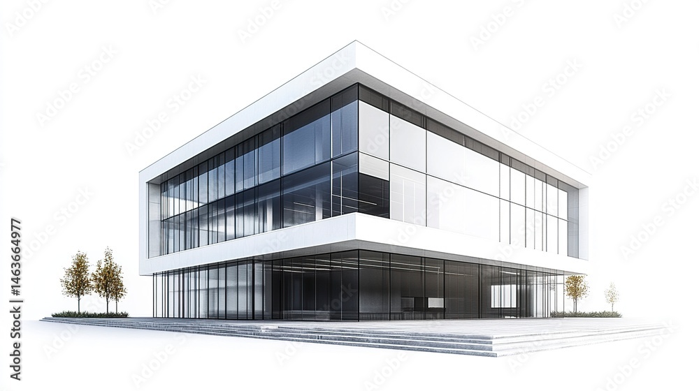 A sleek modern office building with a reflective glass facade, its clean lines and geometric design standing out crisply against a white background A sleek modern office building with a reflective glass facade, its clean lines and geometric design standing out crisply against a white background