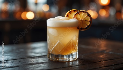 Foamy whisky sour cocktail with grilled lemon slices, presented on a wooden surface