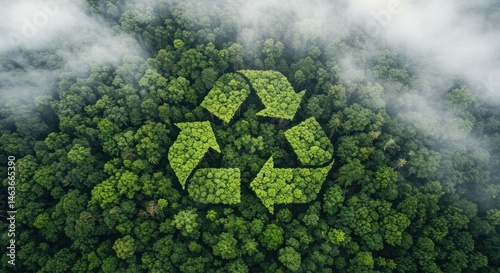 Recycle symbol overlayed on a green forest canopy with fog.