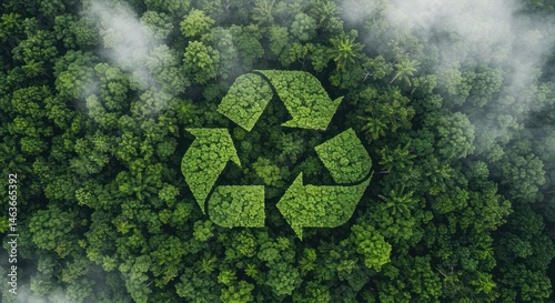Recycle symbol made of leaves above forest with clouds environmental concept.