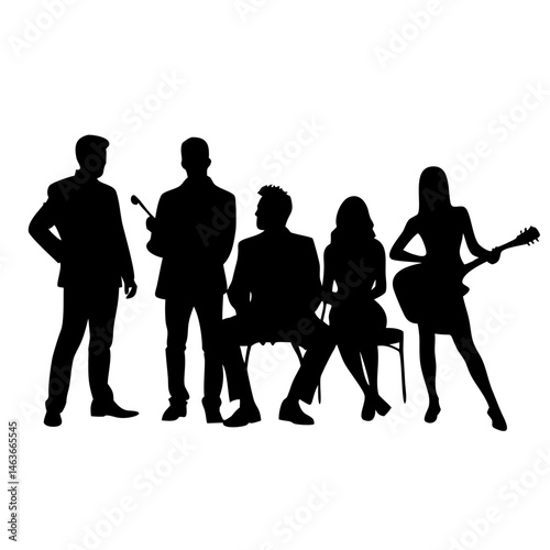 Silhouette of a diverse music group performing.A professional, eye-catching silhouette of a music group.