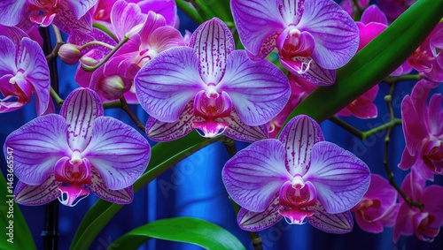 Arrangement of blue flowers with orchids as the base