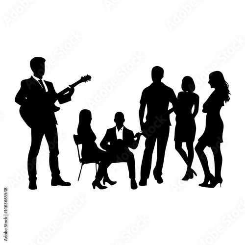 Silhouette of a diverse music group performing.A professional, eye-catching silhouette of a music group.