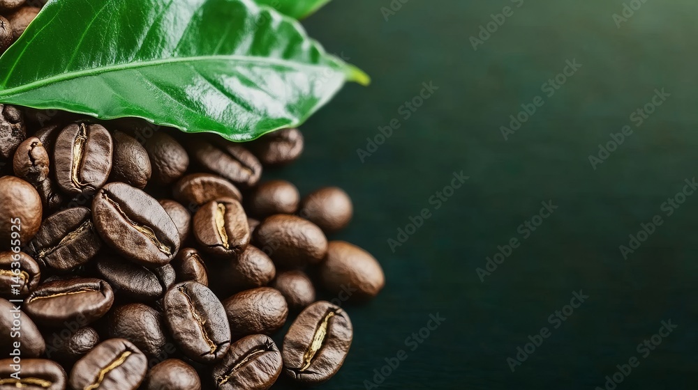 Obraz premium Coffee beans and leaves in green background, space for text