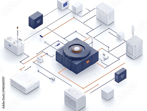 A centralized blue node interconnects multiple white devices via blue and orange lines in isometric perspective