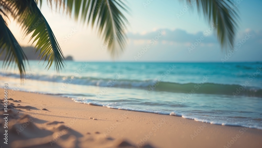 Obraz premium Idyllic coastal paradise with warm golden sand and vibrant palm foliage.