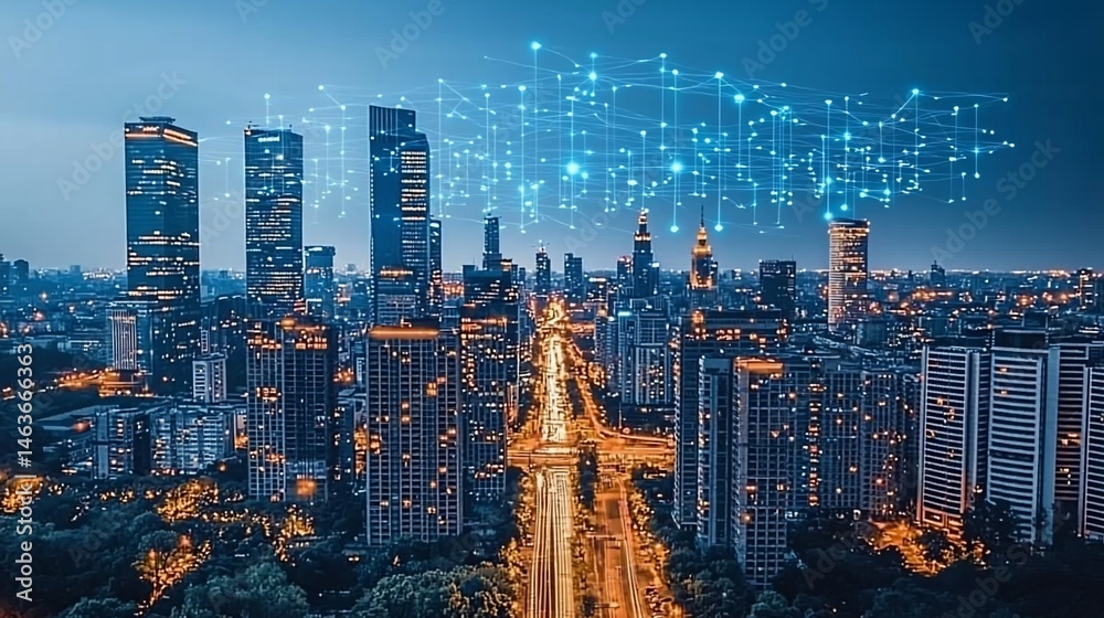Fototapeta premium Modern city skyline at night, interconnected by digital network