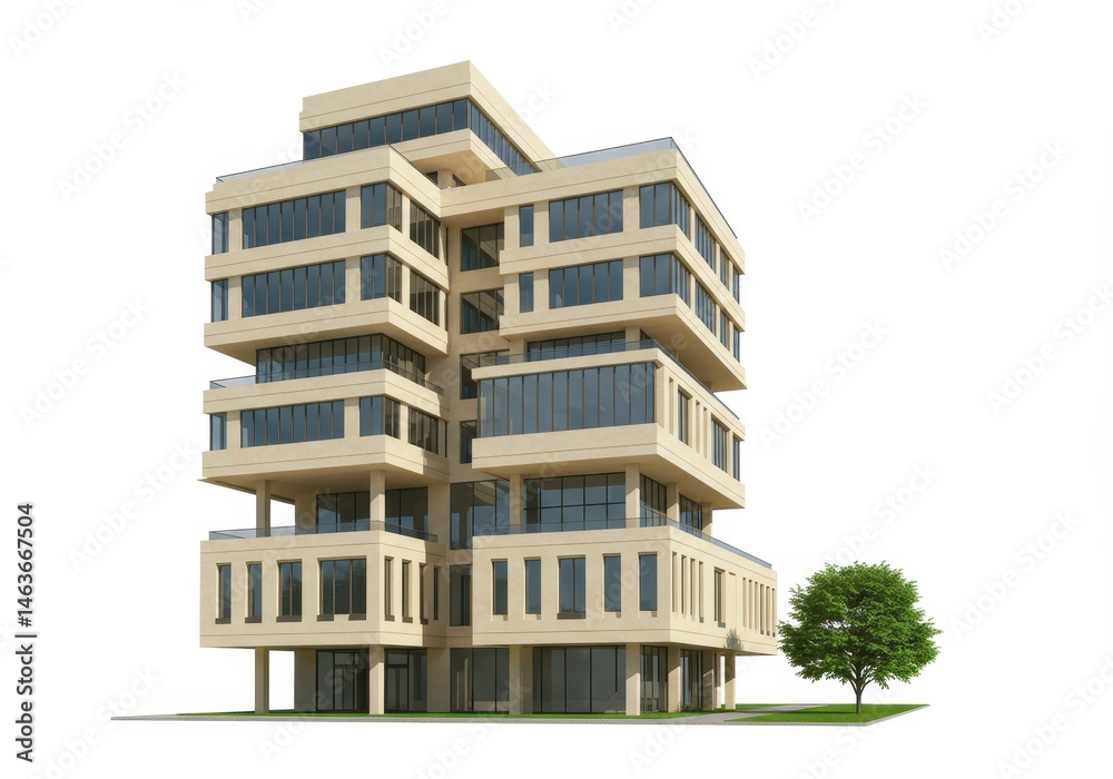 Obraz premium Modern beige building stands tall against a white background with a green tree on the right side