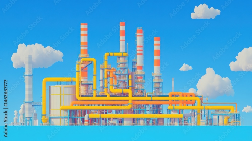 Obraz premium Industrial refinery illustration bright sky yellow pipelines chemical plant manufacturing energy production