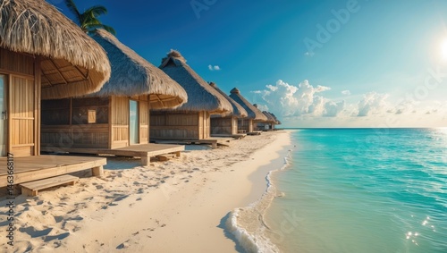 Golden sand and thatched palapas line Rendezvous Caye's tiny island in Belize's Barrier Reef