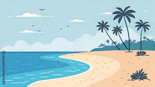 Minimal vector illustration of a summer beach scene featuring sun, waves, sand, and palm trees, perfect for seasonal designs, travel marketing, digital art, greeting cards, and modern graphic projects