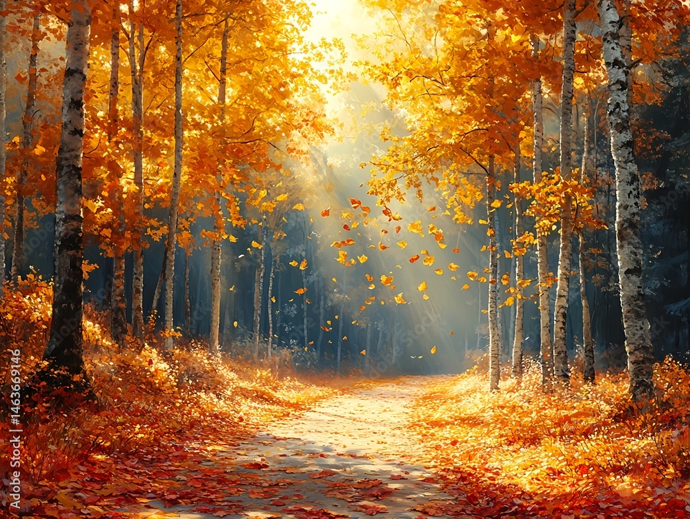 Fototapeta premium Autumn forest with golden leaves glowing in warm morning light