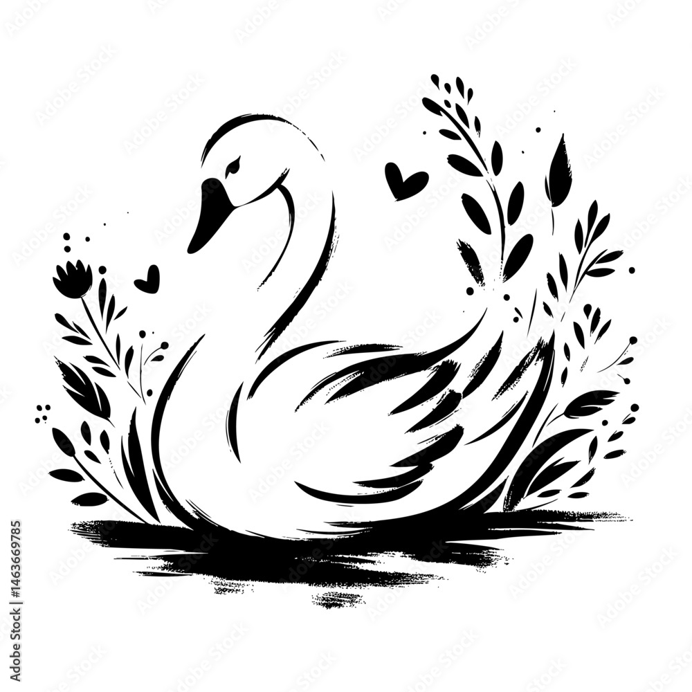 Obraz premium Elegant Swan in Monochrome Floral Design
