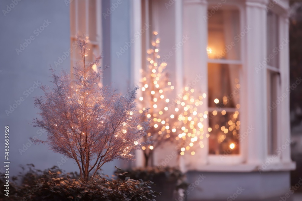 Christmas Decorated House Front with Festive Lights