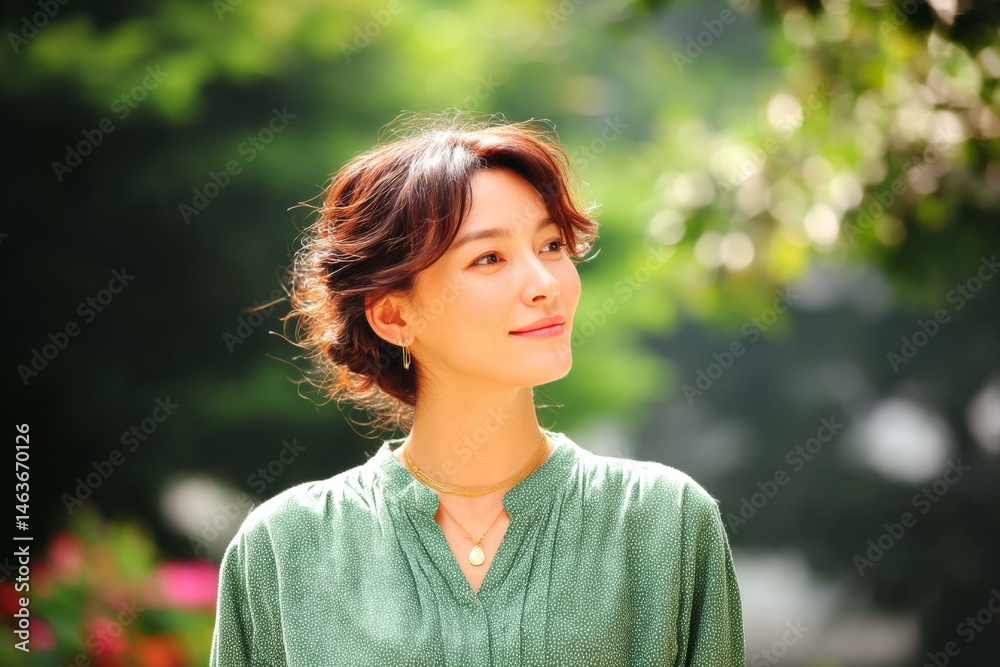 Asian woman outdoors in a green blouse