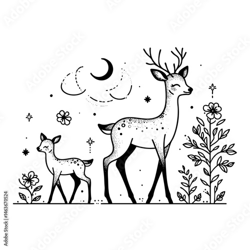 Mother Deer and Fawn under the Moonlit Sky