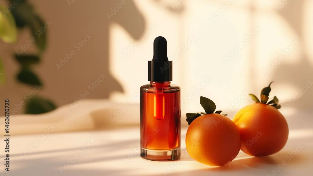 A bottle of perfume sits on a table next to two oranges. The bottle is clear and has a black cap. The oranges are placed on the table, one on the left and one on the right A bottle of perfume sits on a table next to two oranges. The bottle is clear and has a black cap. The oranges are placed on the table, one on the left and one on the right