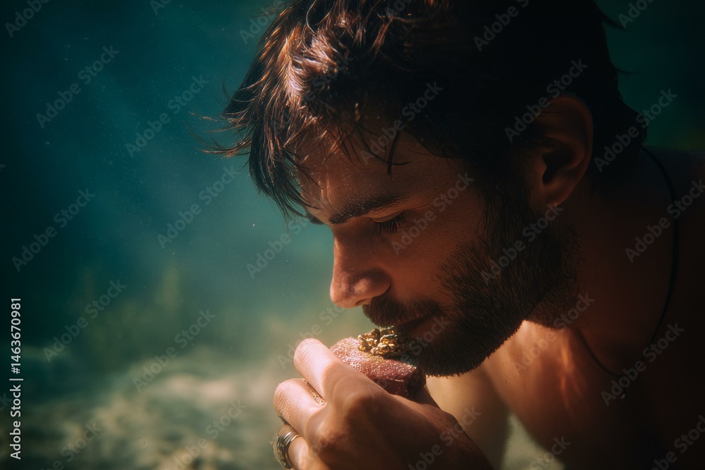 Underwater Man Eating Small Stone Coral
