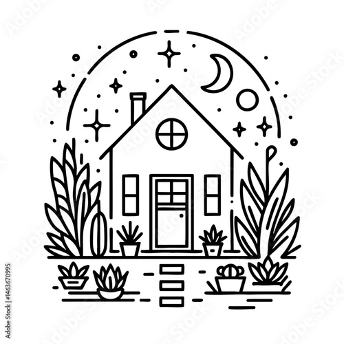 Minimalist House Night Scene Line Art Design