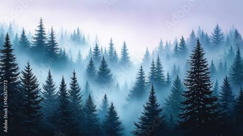 Misty Mountain Evergreen Forest - Serene misty forest, evergreen trees, tranquil nature, peaceful landscape, misty mountains. Symbolizing peace, tranquility, mystery, nature's beauty, and serenity