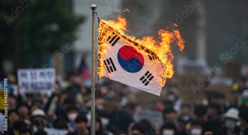 South Korean national flag engulfed in flames during a public protest, symbolizing political dissent and anger among a large crowd gathered outdoors.