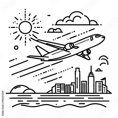 Airplane Flying Over City, A Minimalist Travel Illustration