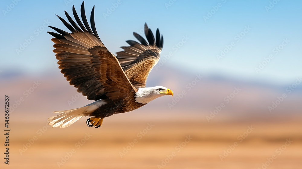 Majestic Eagle Soaring Over Expansive Natural Landscape