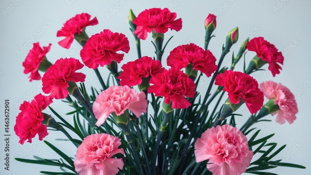 Obraz premium Close-up of pink carnations in a floral bouquet against a white backdrop