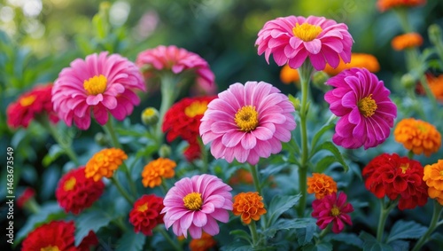 Vibrant outdoor garden with lush pink Zinnias and bright red Marigolds showcasing nature's floral splendor