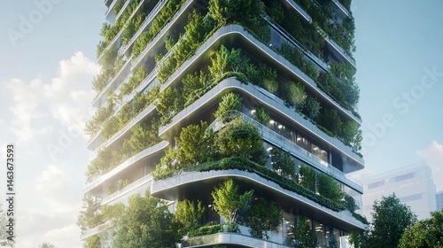 A stylish glass office building with integrated greenery and tree canopies, designed to promote sustainability and reduce carbon dioxide in the city 