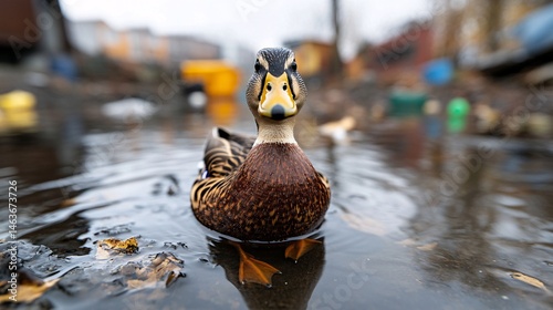 Obraz na płótnie Ducks Paddle Through Polluted Wetland Waters Surrounded by Waste w salonie