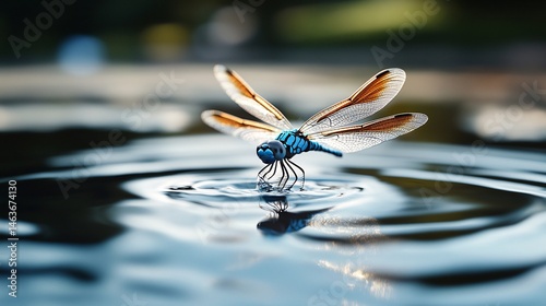 Dragonfly in a Wetland Environment with Water Surface Reflection