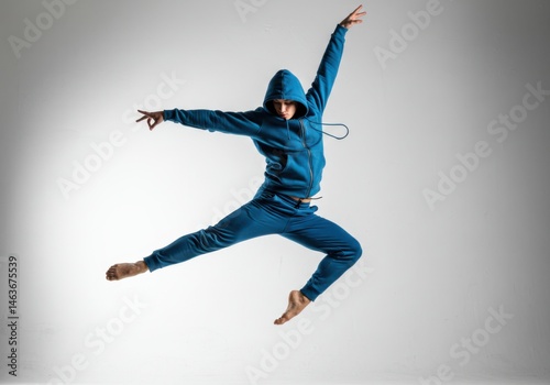 Woman in blue sweatsuit leaping with arms extended in the studio