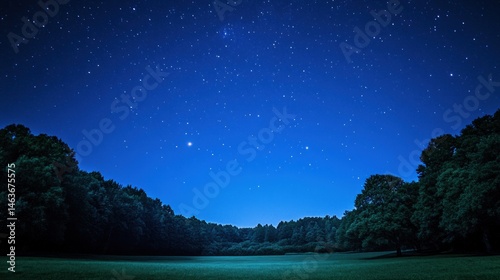 Starry night sky over grassy field and trees