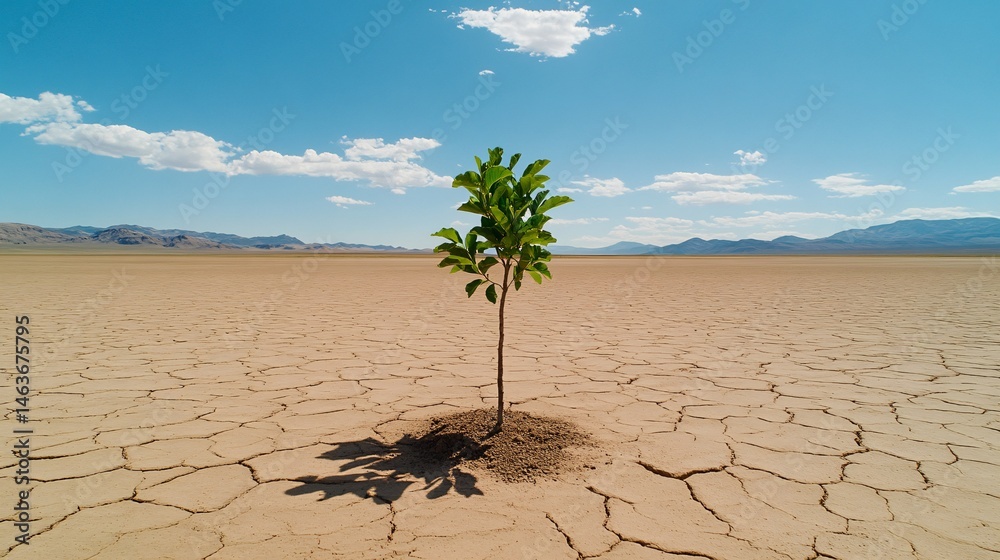Resilient Tree Surviving in Arid Desert Landscape Against Blue Sky